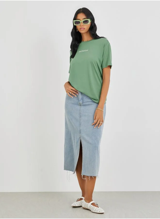 تايك تو Take Two Embroidered Slogan Oversized T-Shirt