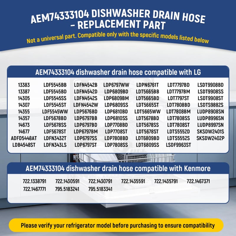 Ratiekc AEM74333104 AEM74333101 Dishwasher Drain Hose Compatible With LG Dishwasher Drain Hose LDF5545ST LDF5545BD LDF5545SS LDF5678ST LDFN4542S LDP6797ST Drain Hose Assembly Replacement AP7034217 PS16621806 - Image 3