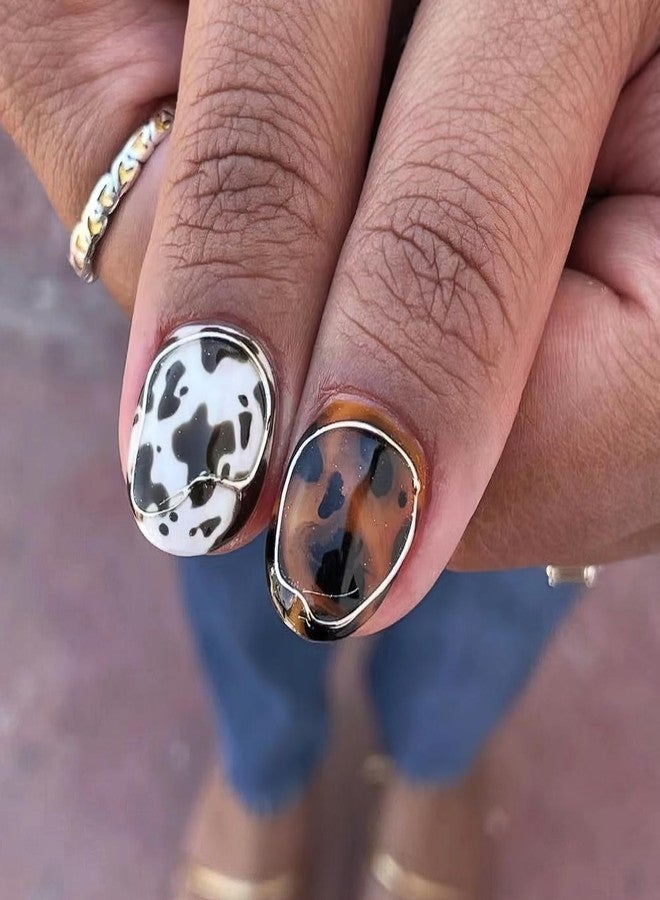 Jremg Animal Stripes Press on Nails Short Almond Fake Nails with Designs Glossy 3D Silver Circle Lines False Nails Zebra, Turtle, Leopard Glue on Nails Reusable Stick on Nails for Women 24Pcs - Image 3