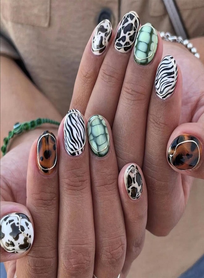 Jremg Animal Stripes Press on Nails Short Almond Fake Nails with Designs Glossy 3D Silver Circle Lines False Nails Zebra, Turtle, Leopard Glue on Nails Reusable Stick on Nails for Women 24Pcs - Image 1