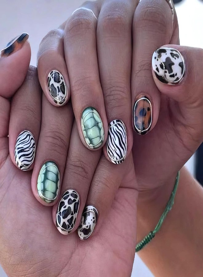 Jremg Animal Stripes Press on Nails Short Almond Fake Nails with Designs Glossy 3D Silver Circle Lines False Nails Zebra, Turtle, Leopard Glue on Nails Reusable Stick on Nails for Women 24Pcs - Image 2