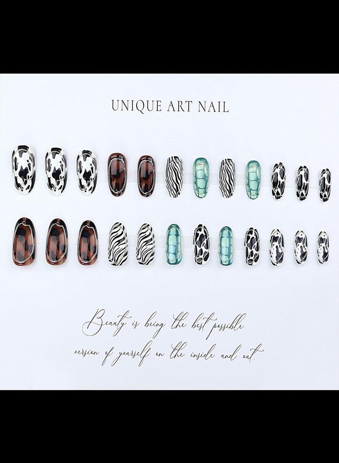 Jremg Animal Stripes Press on Nails Short Almond Fake Nails with Designs Glossy 3D Silver Circle Lines False Nails Zebra, Turtle, Leopard Glue on Nails Reusable Stick on Nails for Women 24Pcs - Image 5