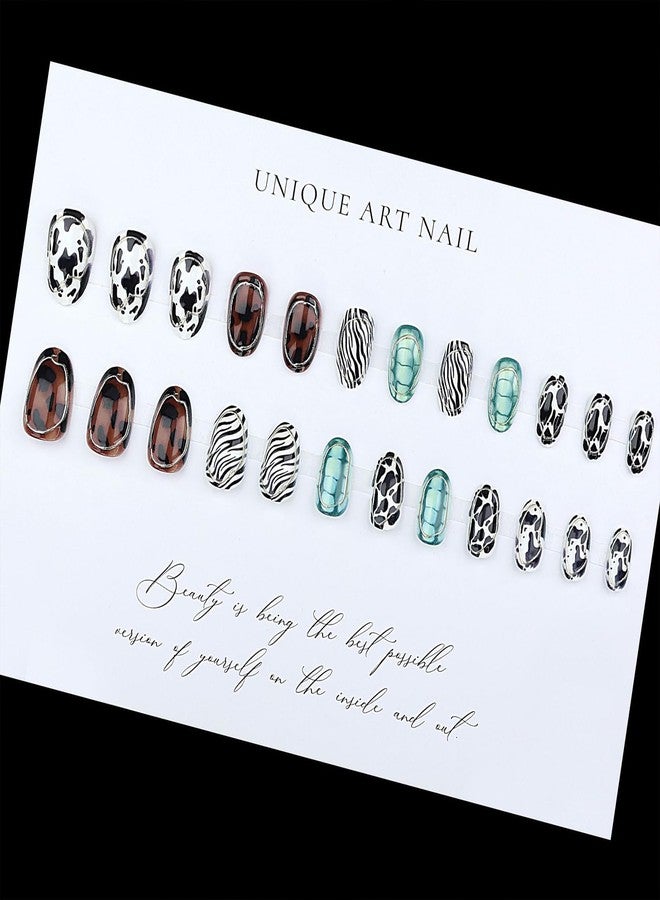 Jremg Animal Stripes Press on Nails Short Almond Fake Nails with Designs Glossy 3D Silver Circle Lines False Nails Zebra, Turtle, Leopard Glue on Nails Reusable Stick on Nails for Women 24Pcs - Image 4