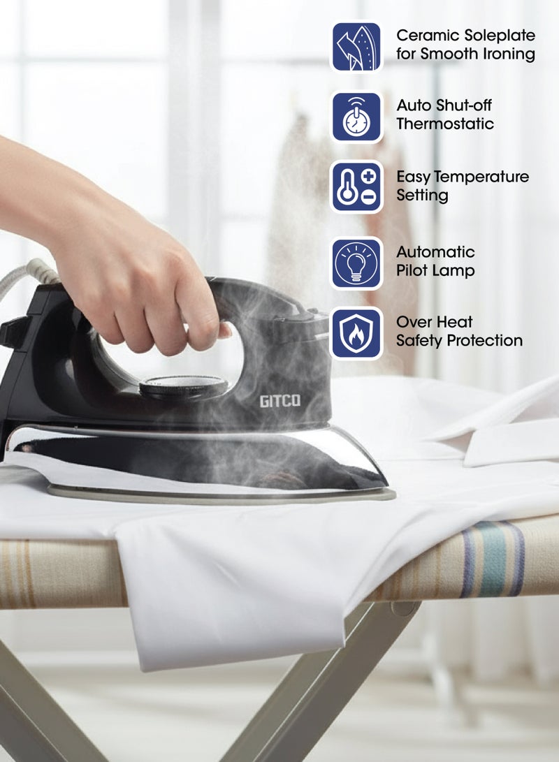 جيتكو مكواة جافة ثقيلة الوزن مع حماية من ارتفاع الحرارة | صفيحة سيراميكية | إيقاف تلقائي | درجة حرارة قابلة للتعديل | حماية من ارتفاع الحرارة - GI1501 أسود - Image 2