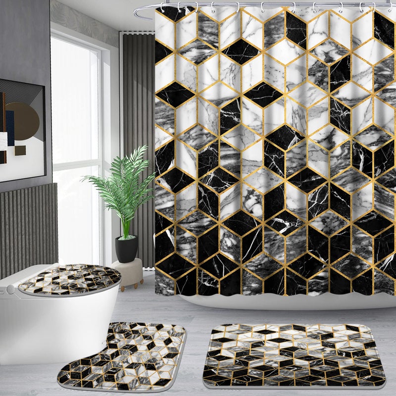Poedist 4 Pcs Bathroom Shower Curtain Set Honeycomb Marble Bathroom Sets with RugsBath MatU Shape and Toilet Lid Cover Mat and 12 Durable Hooks