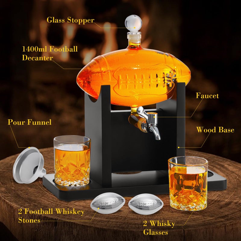 VONATES Football Whiskey Decanter Set for Men, 47oz Liquor Decanter Set with 2 Glasses + 2 Footballs Chillers, Gifts for Dad, Husband, Boyfriend, Coach, for Liquor, Bourbon, Scotch, Vodka - Image 2