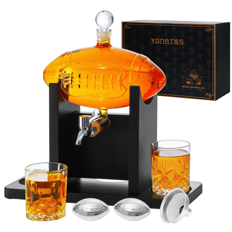 VONATES Football Whiskey Decanter Set for Men, 47oz Liquor Decanter Set with 2 Glasses + 2 Footballs Chillers, Gifts for Dad, Husband, Boyfriend, Coach, for Liquor, Bourbon, Scotch, Vodka - Image 1