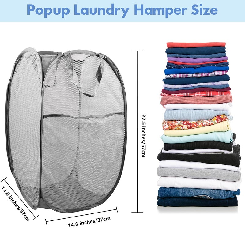 DUCOO Pop Up Hamper, 2 PCS Mesh Pop Up Laundry Hamper, Foldable Mesh Laundry Basket with Space Saving Design for Home, Dorm, Travel and Storage, Gray - Image 2