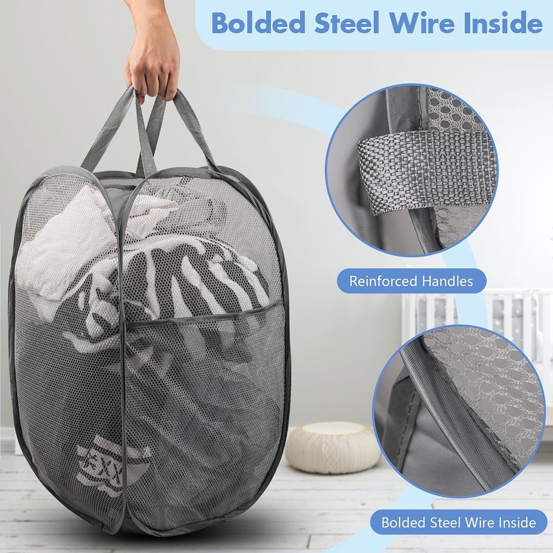 DUCOO Pop Up Hamper, 2 PCS Mesh Pop Up Laundry Hamper, Foldable Mesh Laundry Basket with Space Saving Design for Home, Dorm, Travel and Storage, Gray - Image 3