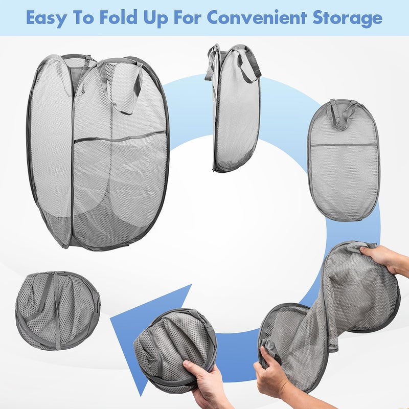 DUCOO Pop Up Hamper, 2 PCS Mesh Pop Up Laundry Hamper, Foldable Mesh Laundry Basket with Space Saving Design for Home, Dorm, Travel and Storage, Gray - Image 5
