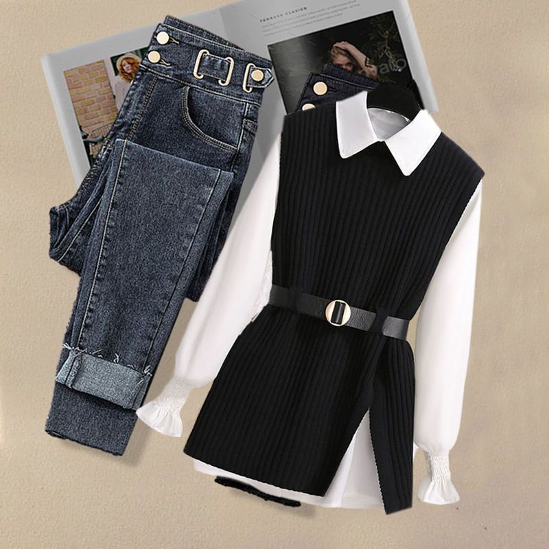 Z Plus Size Women'S Suit Women'S Knitted Vest Shirt Women'S Belly Covering Slim Jeans Three Pieces - Image 4