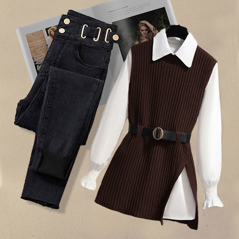 Z Plus Size Women'S Suit Women'S Knitted Vest Shirt Women'S Belly Covering Slim Jeans Three Pieces - Image 5
