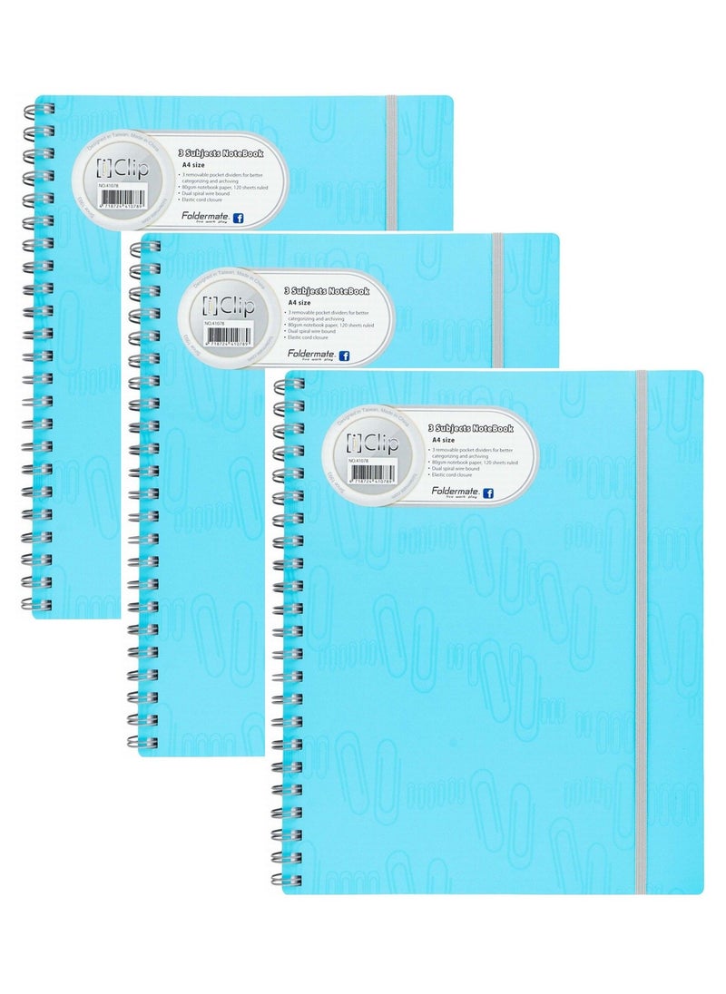 Foldermate - 3-Piece A4 Size Spiral Subject Notebook With Elastic Closure Blue Cover - Image 1