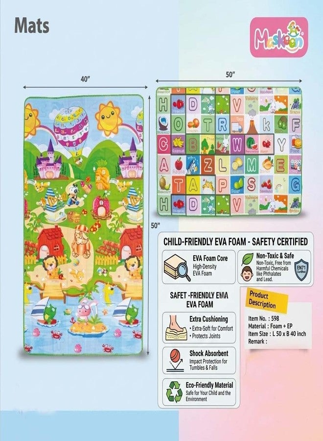 Maskeen Double Sided Kids Play Mat, Alphabet Learning and Fantasy Village Design, Educational Floor Mat with Green Border - Image 4