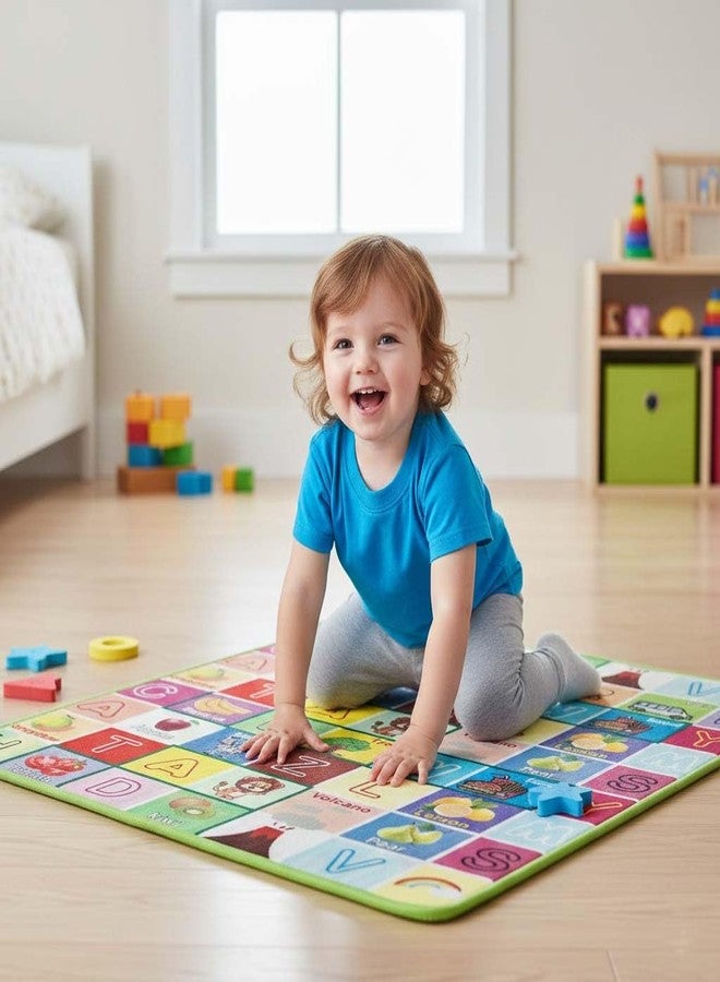 Maskeen Double Sided Kids Play Mat, Alphabet Learning and Fantasy Village Design, Educational Floor Mat with Green Border - Image 1