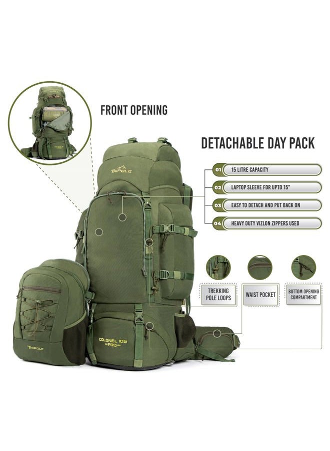 TriPole Colonel Pro Metal Frame Rucksack | Front Opening | Detachable Bag | Rain Cover | 105 Litres Army Green - Image 3