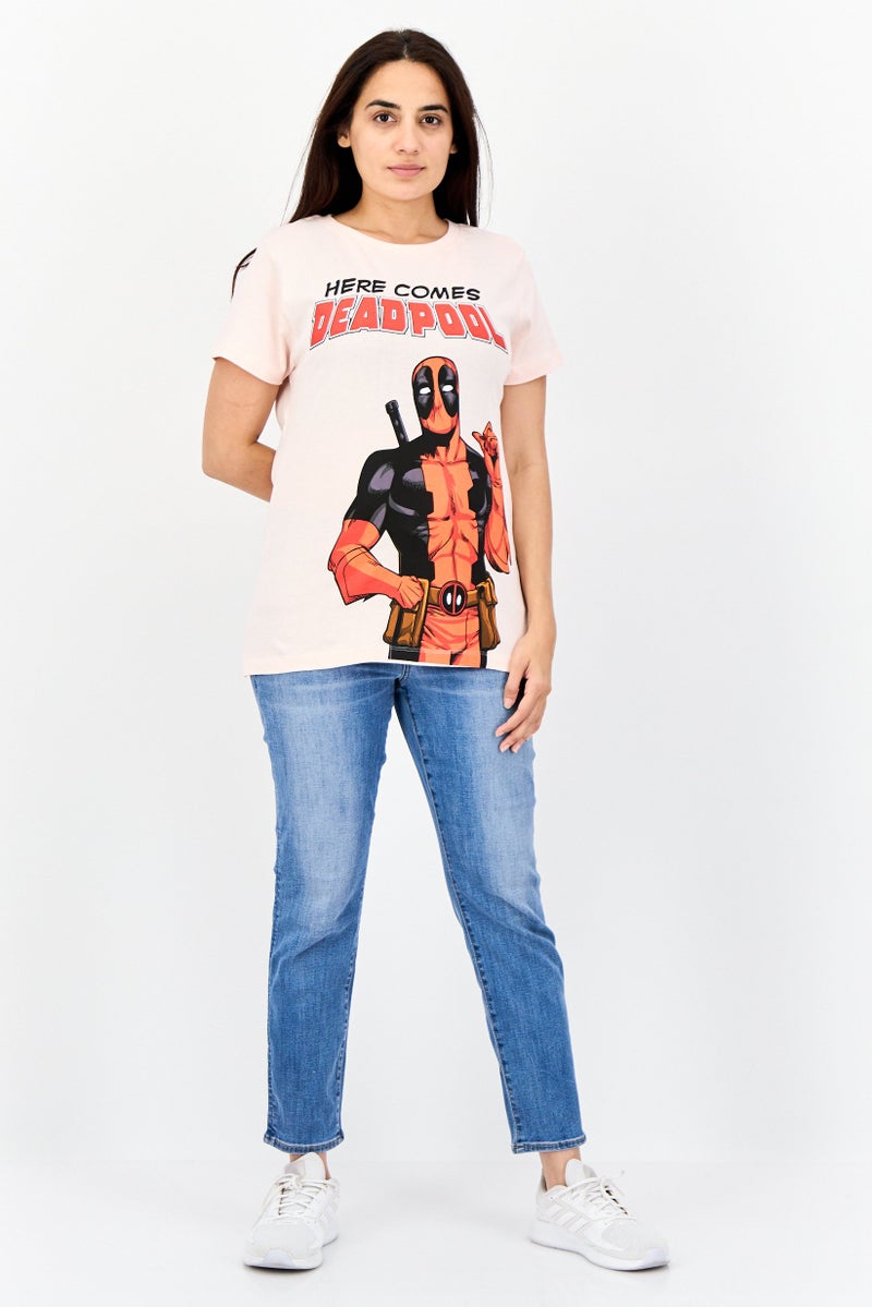 MARVEL Women Crew Neck Short Sleeves Deadpool Print T-Shirt, Light Pink - Image 3