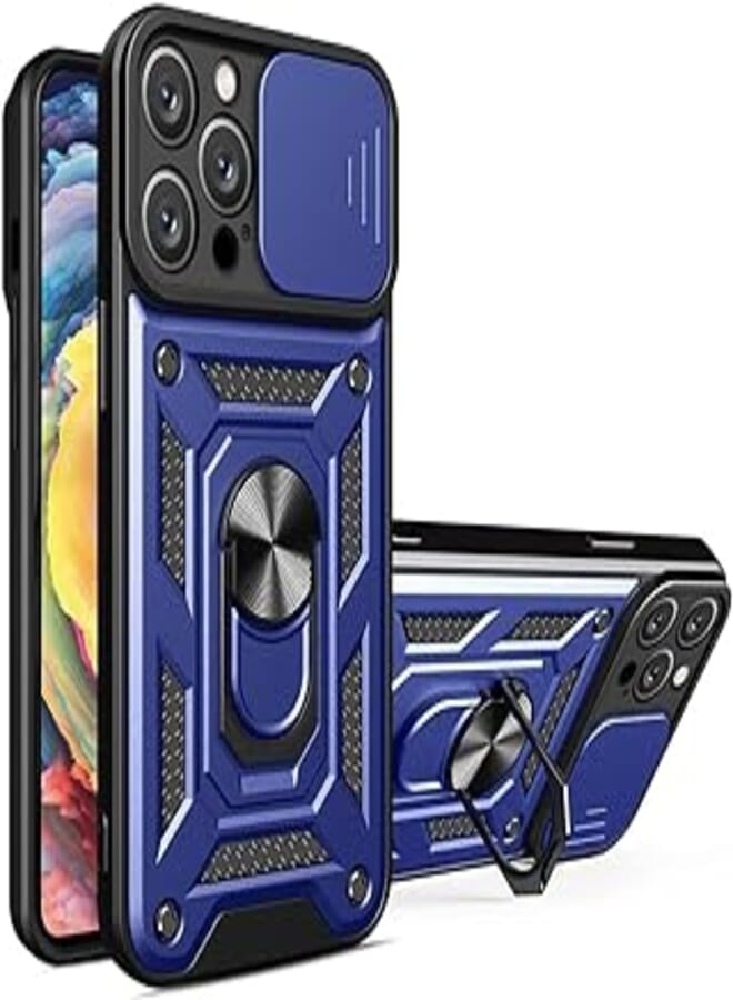 Compatible with Iphone 15 Pro Max Premium Protection Back Case with Camera Slide Cover Built-in Ring Stand Shockproof Case for iPhone 15 Pro Max (Iphone 15 pro Max, Blue)