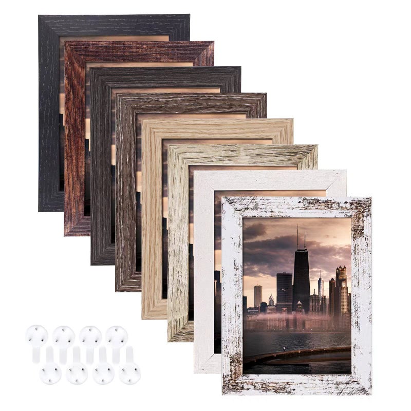 طقم إطارات صور 4x6 من 8 إطارات صور ريفية بألوان خشبية متعددة بتنسيقات عمودية وأفقية للتعليق على الجدران وعرضها على الطاولة مثالي لتزيين المنزل والمكتب الريفي