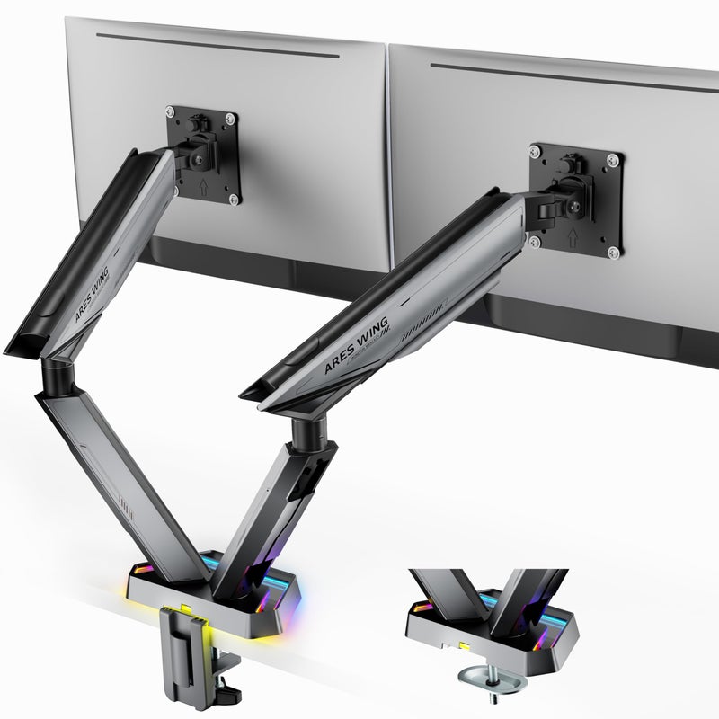 ARES WING RGB Dual Monitor Arm for 17-38" Ultrawide Screens, Holds 35.2lbs, Heavy Duty Dual Monitor Stand for Desk, Adjustable Double Mount with Clamp & Grommet Base, 75/100 VESA Mount, Gray - Image 1