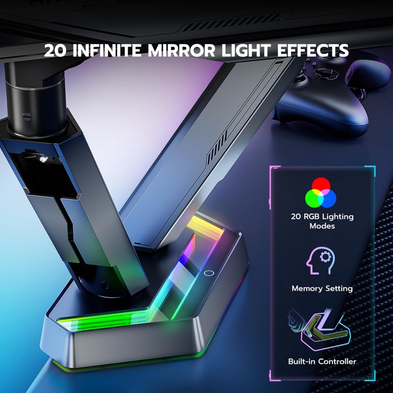 ARES WING RGB Dual Monitor Arm for 17-38" Ultrawide Screens, Holds 35.2lbs, Heavy Duty Dual Monitor Stand for Desk, Adjustable Double Mount with Clamp & Grommet Base, 75/100 VESA Mount, Gray - Image 2