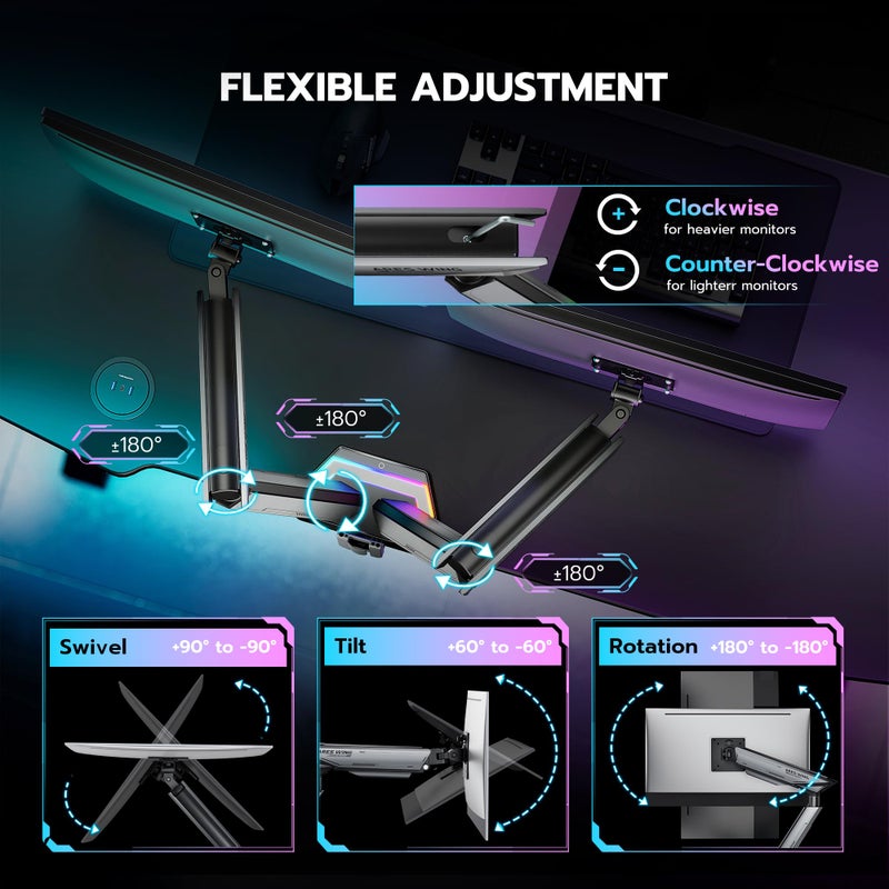 ARES WING RGB Dual Monitor Arm for 17-38" Ultrawide Screens, Holds 35.2lbs, Heavy Duty Dual Monitor Stand for Desk, Adjustable Double Mount with Clamp & Grommet Base, 75/100 VESA Mount, Gray - Image 4