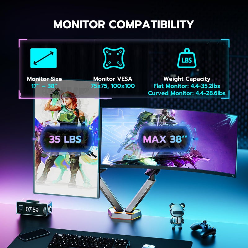 ARES WING RGB Dual Monitor Arm for 17-38" Ultrawide Screens, Holds 35.2lbs, Heavy Duty Dual Monitor Stand for Desk, Adjustable Double Mount with Clamp & Grommet Base, 75/100 VESA Mount, Gray - Image 3