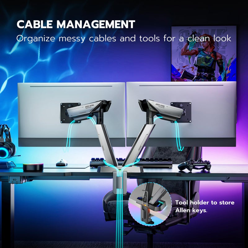 ARES WING RGB Dual Monitor Arm for 17-38" Ultrawide Screens, Holds 35.2lbs, Heavy Duty Dual Monitor Stand for Desk, Adjustable Double Mount with Clamp & Grommet Base, 75/100 VESA Mount, Gray - Image 5