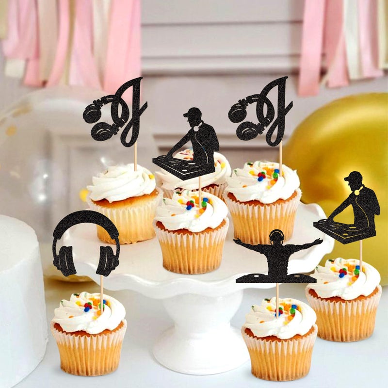 Ercadio 24PCS DJ Cupcake Toppers Glitter Black Rock Music DJing Picks Headset Hip Hop Musical Birthday Cake Rock and Roll Theme Baby Shower Music Party Cake Decorations Supplies - Image 3
