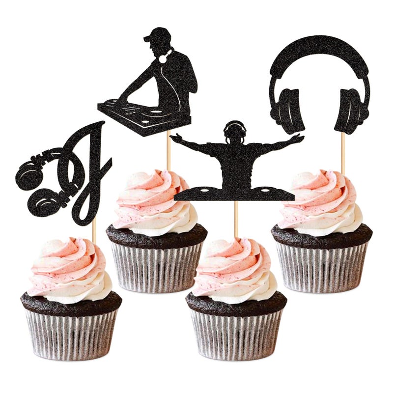 Ercadio 24PCS DJ Cupcake Toppers Glitter Black Rock Music DJing Picks Headset Hip Hop Musical Birthday Cake Rock and Roll Theme Baby Shower Music Party Cake Decorations Supplies - Image 1