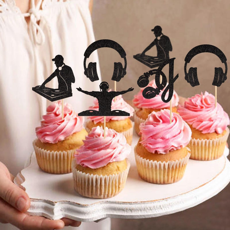Ercadio 24PCS DJ Cupcake Toppers Glitter Black Rock Music DJing Picks Headset Hip Hop Musical Birthday Cake Rock and Roll Theme Baby Shower Music Party Cake Decorations Supplies - Image 4