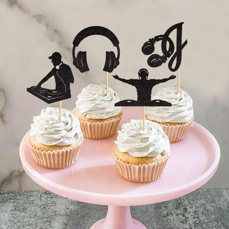 Ercadio 24PCS DJ Cupcake Toppers Glitter Black Rock Music DJing Picks Headset Hip Hop Musical Birthday Cake Rock and Roll Theme Baby Shower Music Party Cake Decorations Supplies - Image 5