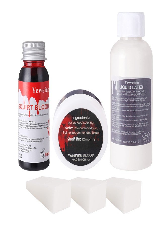 Yeweian Liquid Latex SFX Makeup Kit, 2.1Oz Latex Liquid with Coagulated Fake Blood Gel, Squirt Blood and Stipple Sponge, Halloween Monster Zombie Clown Makeup for Scald Burn Scar Wound,Cut,Skin Decay - Image 1