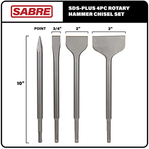 Sabre Tools SDS Plus 4-Piece Chisel Set, Thinset Scraping Bit 3” x 10” Thinset Scaling Chisel, Point Chisel, Flat Chisel, Wide Chisel - SDS Chisel Bits for Hammer Drills – Tile Removal - Image 2