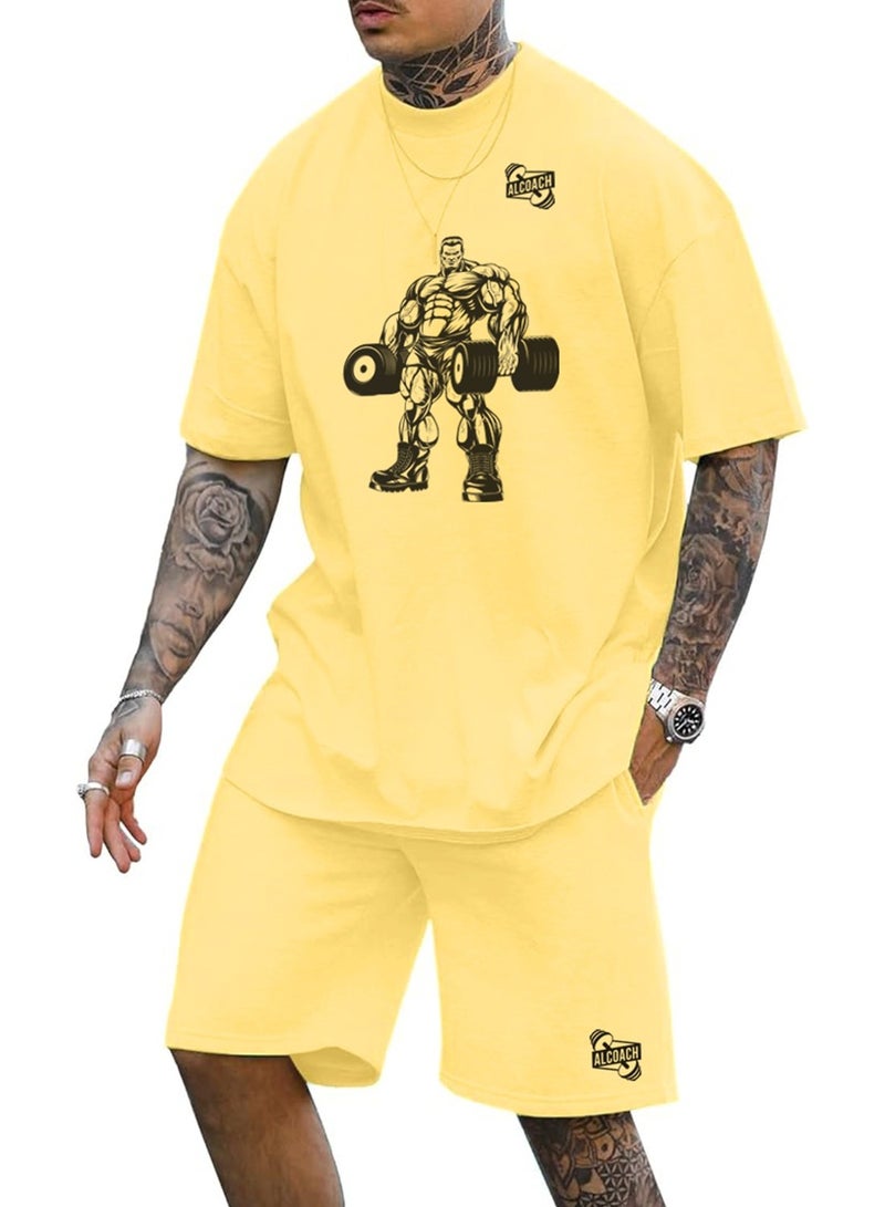 ALCOACH 2Pcs Men's Casual Short Sleeve Tracksuit Summer T Shirt & Shorts Set Waffle Sports Suit Athletic Matching Set with Pockets Khaki  - Image 1