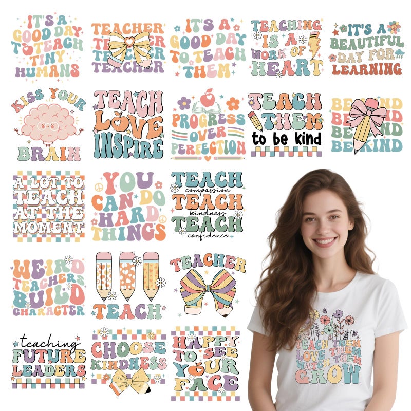 Shejdgart Dtf Transfers Ready to Press - 20 Pcs Teacher Iron on Patches for T-Shirts, Colorful Bow Daisy Heat Transfer Designs Vinyl Stickers, Inspirational Iron on Decals for DIY Clothes Bags - Image 1