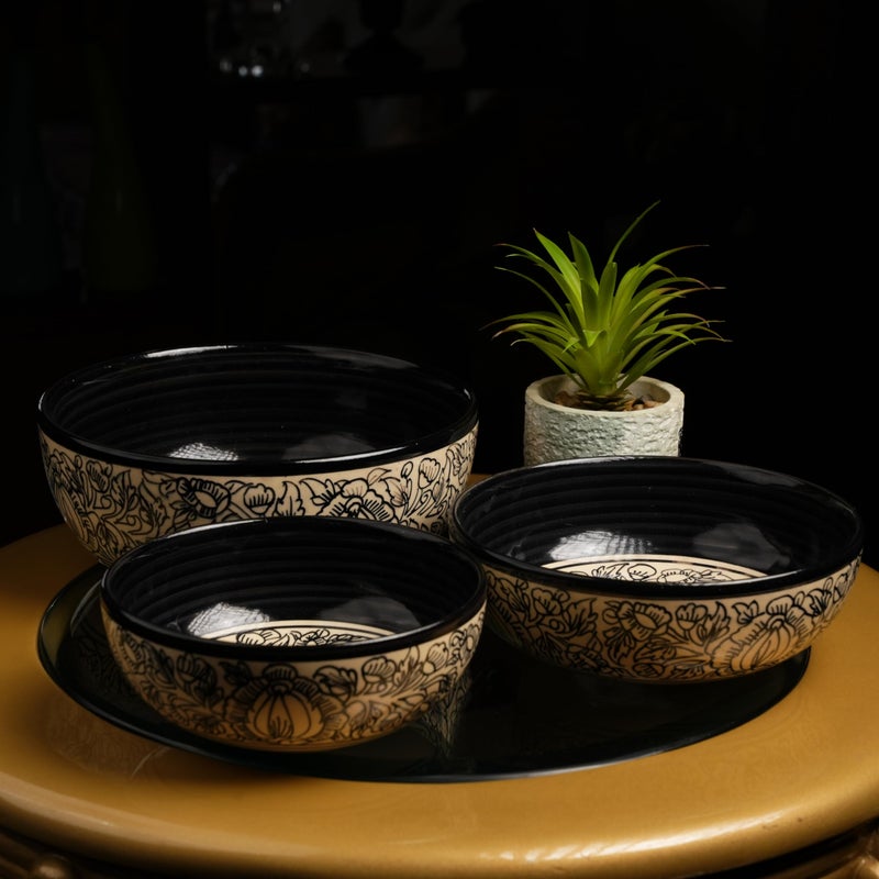 Caffeine Ceramic Handmade Black Perru Serving Bowl (Set of 3) - Image 1