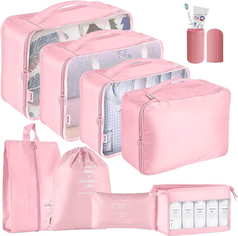 Oceanevo 9 Pcs Packing Cubes, Travel Luggage Organizer for Men and Women, Toiletry Bag, Packing Cubes for Travel With Tooth Brush Holder- Set of 9 - Pink - Image 1