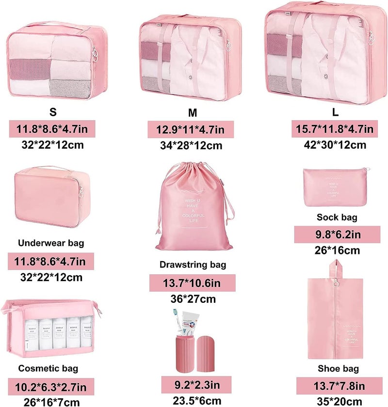 Oceanevo 9 Pcs Packing Cubes, Travel Luggage Organizer for Men and Women, Toiletry Bag, Packing Cubes for Travel With Tooth Brush Holder- Set of 9 - Pink - Image 2