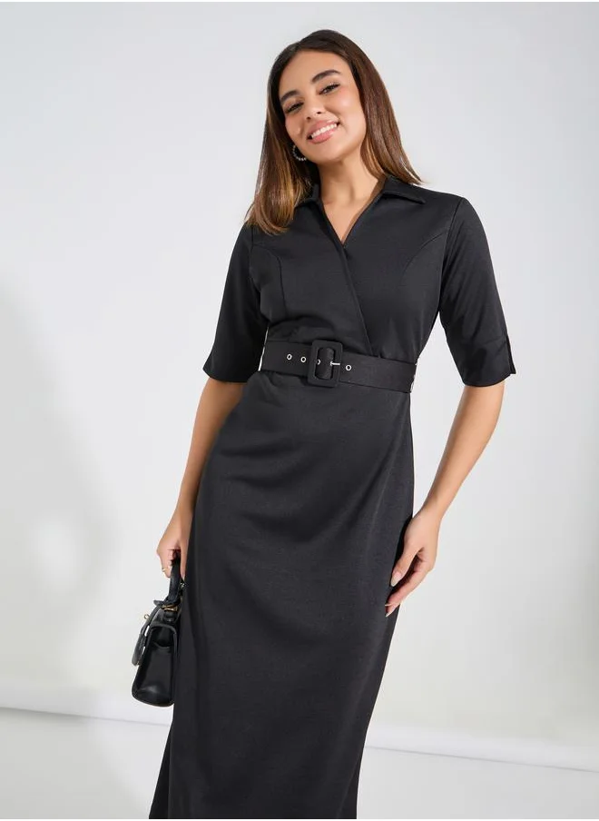 Styli Solid Sheath Midi Dress with Belt Detail