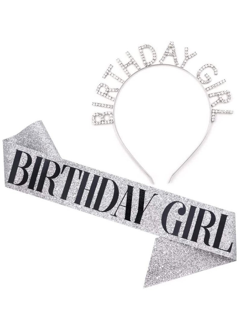 VITION Birthday Girl Sash and Crown, Happy Happy Birthday Sash and Tiara for Women, Birthday Sash & Rhinestone Crown with Comb (Silver - GW) - Image 1