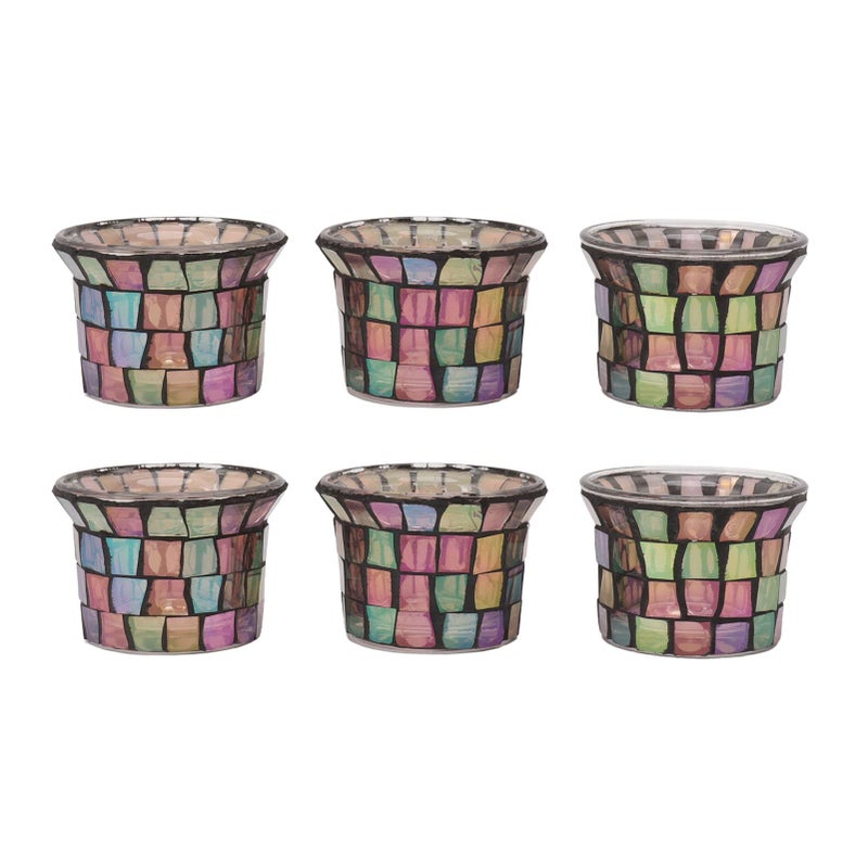 BORDSTRACT 6Packs Colorful Mosaic Votive Candle Holders Handmade Stained Glass Tea Light Jars for Aromatherapy Wedding and Birthday Decor