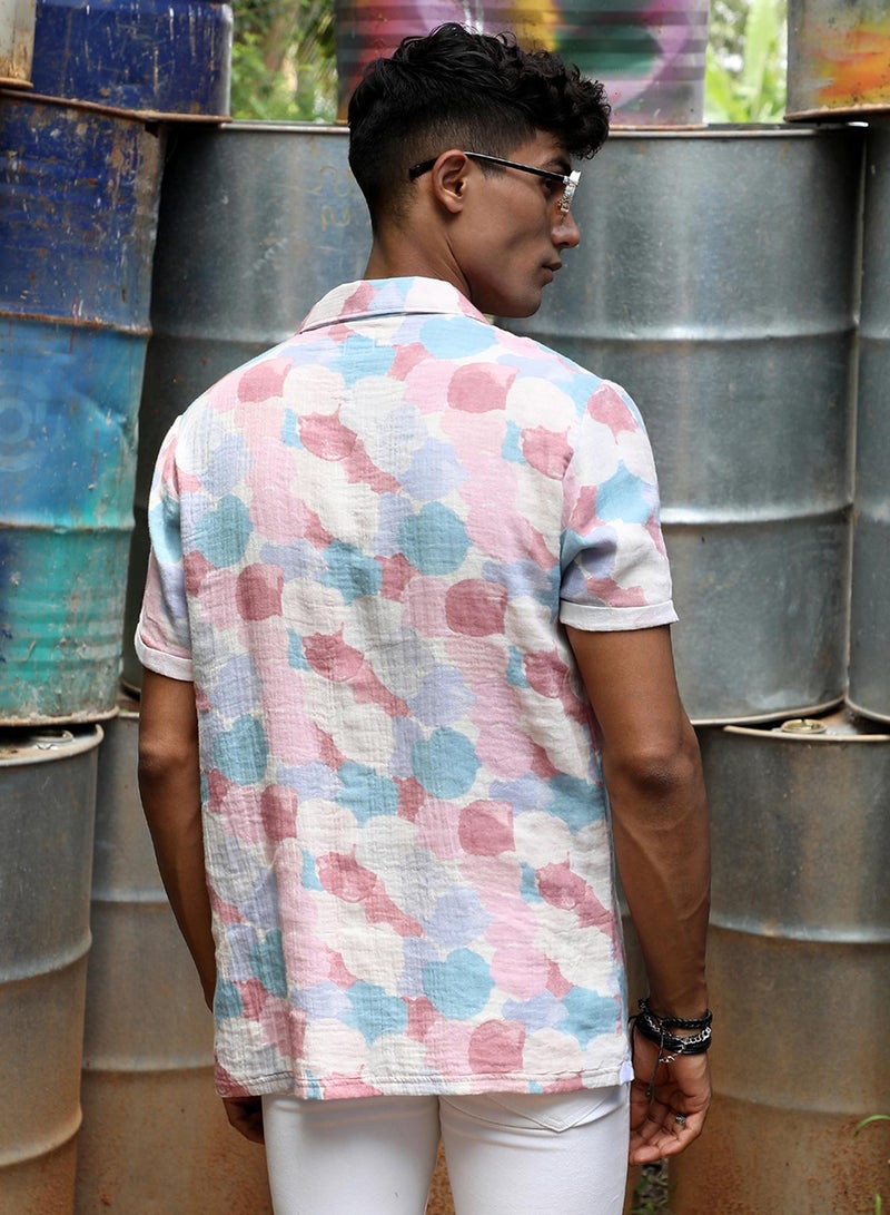 Campus Sutra Campus Sutra Men's Blush Pink & Light Blue Artistic Abstract Shirt For Casual Wear | Spread Collar | Short Sleeve | Button Closure | Cotton Shirt Crafted With Comfort Fit For Everyday Wear  - Image 5