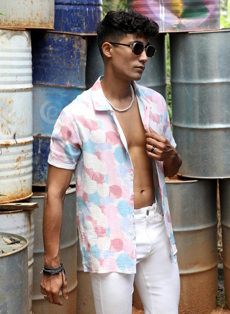 Campus Sutra Campus Sutra Men's Blush Pink & Light Blue Artistic Abstract Shirt For Casual Wear | Spread Collar | Short Sleeve | Button Closure | Cotton Shirt Crafted With Comfort Fit For Everyday Wear  - Image 3