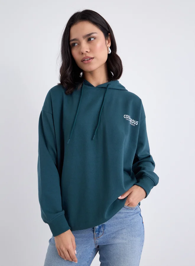 ستايلي Styli Slogan Print Longline Regular Fit Hoodie