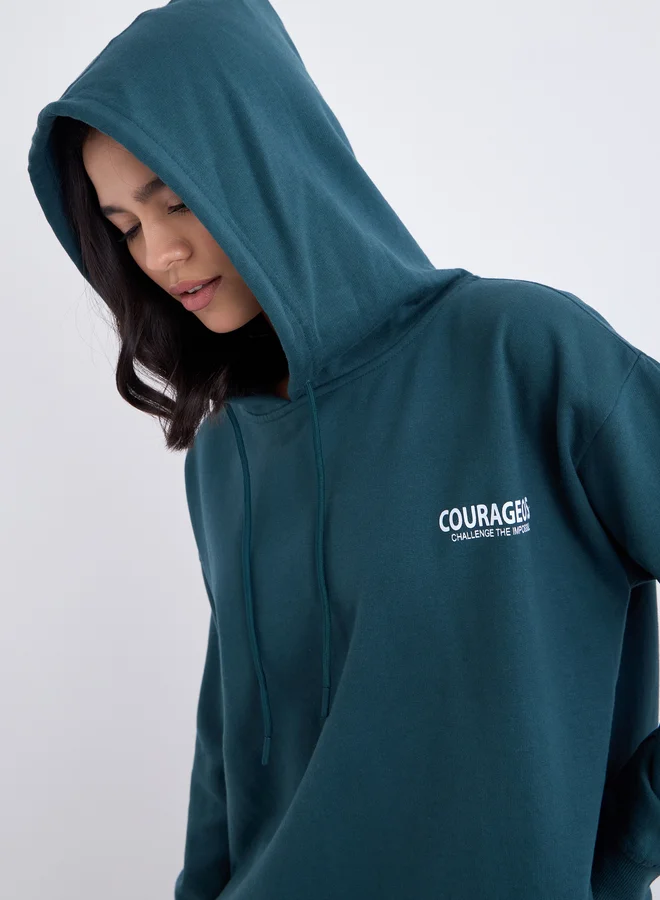 ستايلي Styli Slogan Print Longline Regular Fit Hoodie