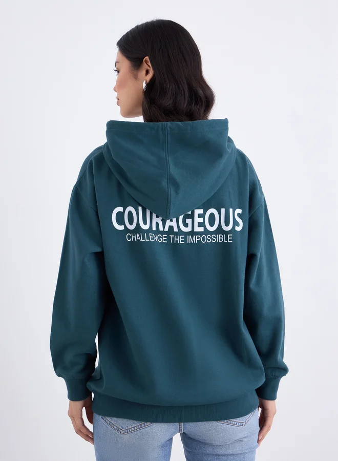 ستايلي Styli Slogan Print Longline Regular Fit Hoodie