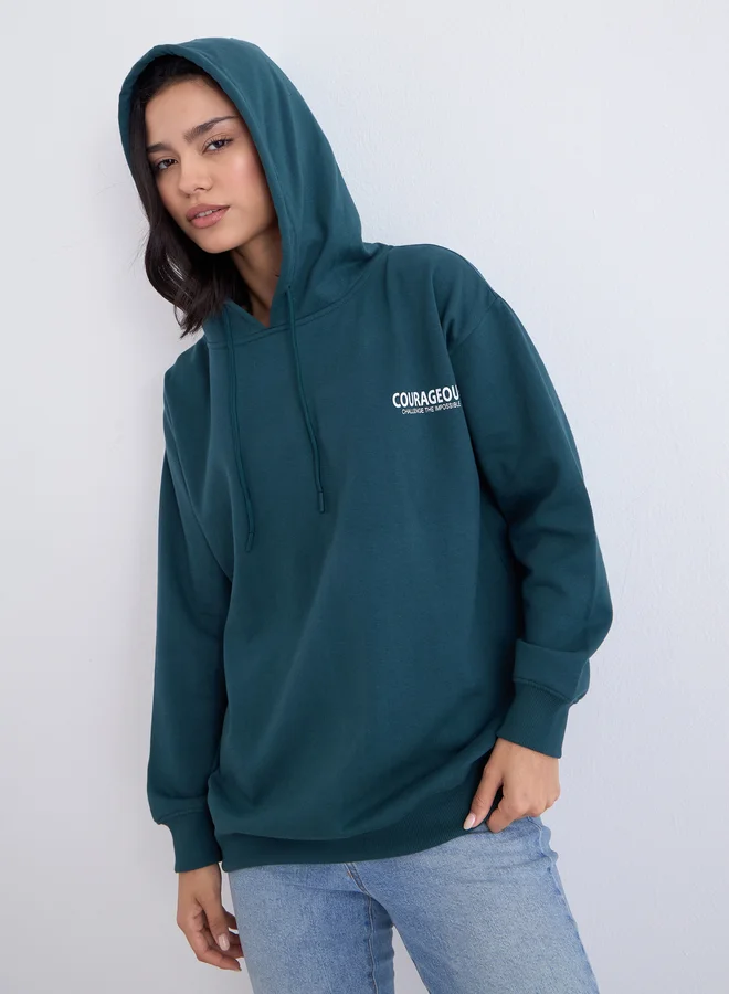 ستايلي Styli Slogan Print Longline Regular Fit Hoodie
