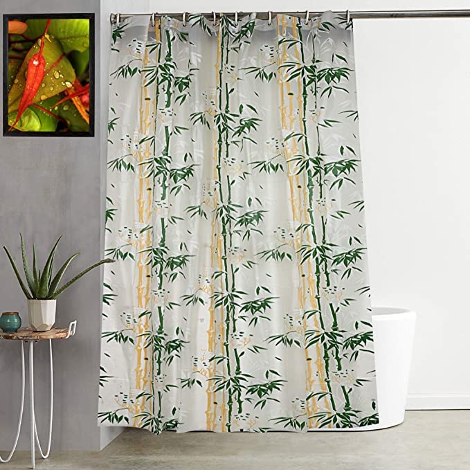SHAVIN PVC Beautiful Printed Shower Curtain 7 FEET with 8 Hooks (Green) - Image 1