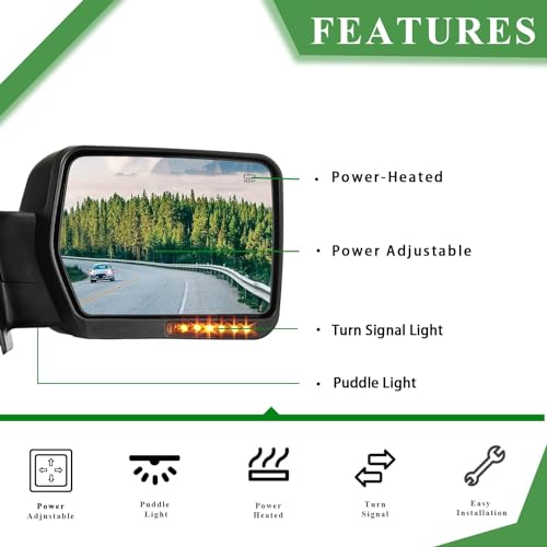 PZ Pair Set Left & Right Towing Mirrors For 07-14 Ford F-150 Truck Pickup Black POWER HEATED With AMBER SIGNAL Light Driver&Passenger Side LH RH Replacement - Image 2